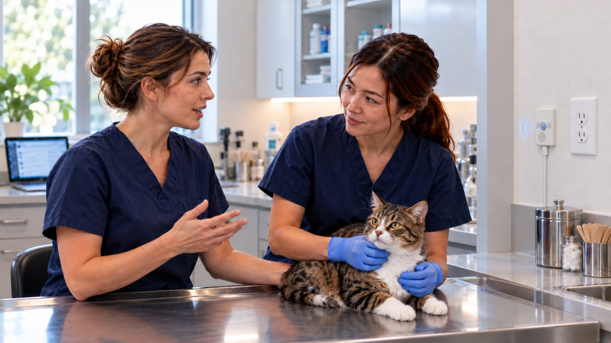 Two veterinarians examine a cat while an NxHUB on the exam room wall captures the consult